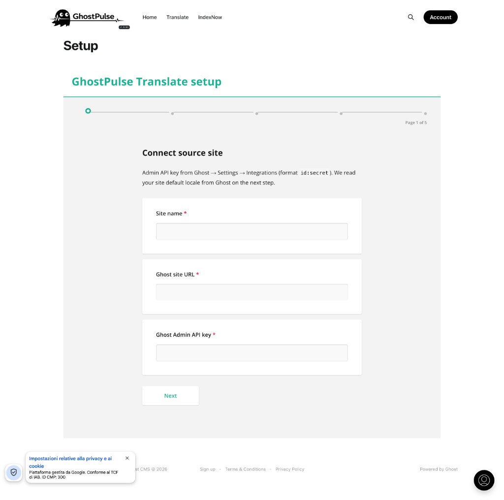 Translate setup step: connect source site