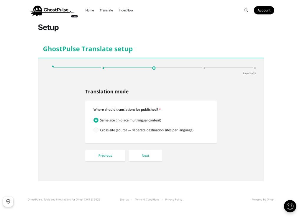 Translate setup step: same-site or cross-site mode